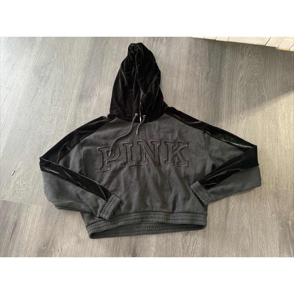 VICTORIA'S SECRET PINK CROPPED BLACK HOODIE VELOUR Medium Y2K‎